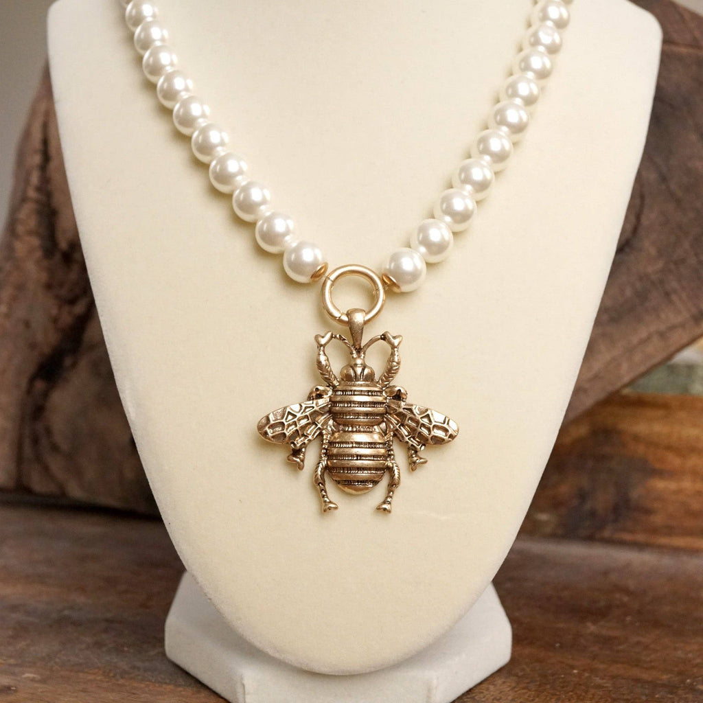 Boho Bee Pearls Necklace in Worn Gold