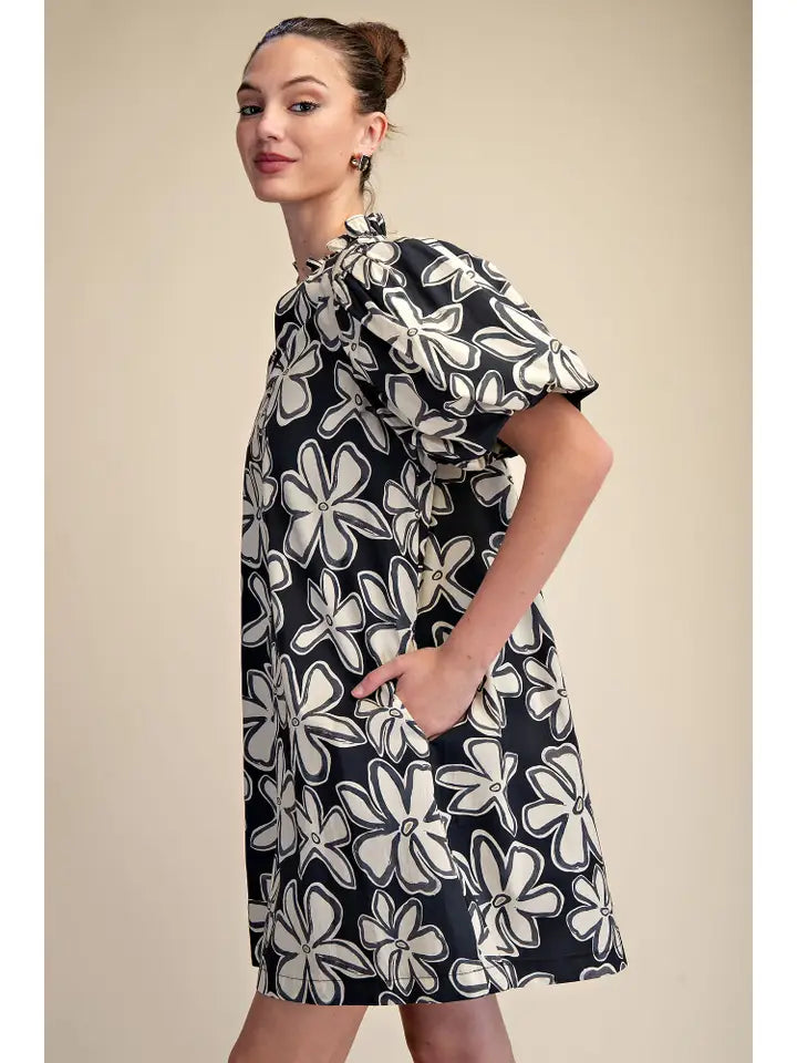 Black Ruffle Neck Puff Sleeve Floral Dress