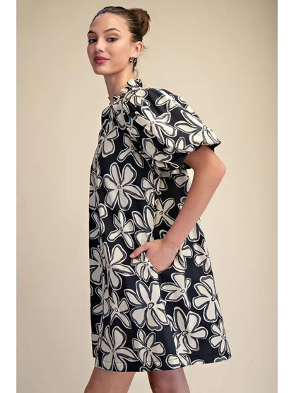 Black Ruffle Neck Puff Sleeve Floral Dress