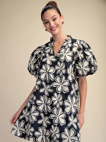 Black Ruffle Neck Puff Sleeve Floral Dress