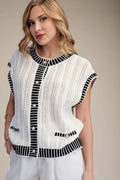 Ivory Round Neck Sleeveless Button-Down Stripe Vest Sweater
