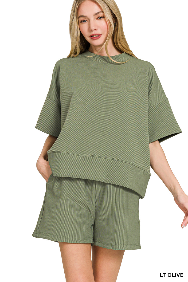 Lt Olive Ribbed Waist Banded Tee & Shorts Set