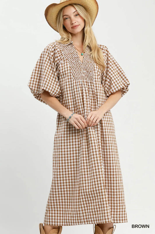 Plaid Smocked Midi Dress
