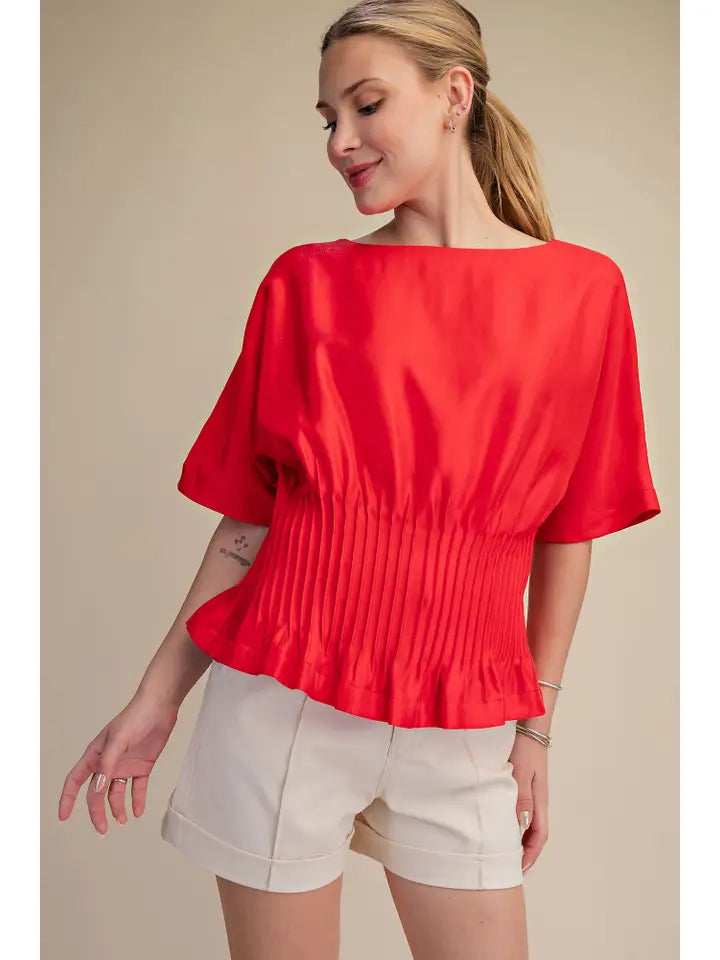 Red Boat Neck Pleated Blouse