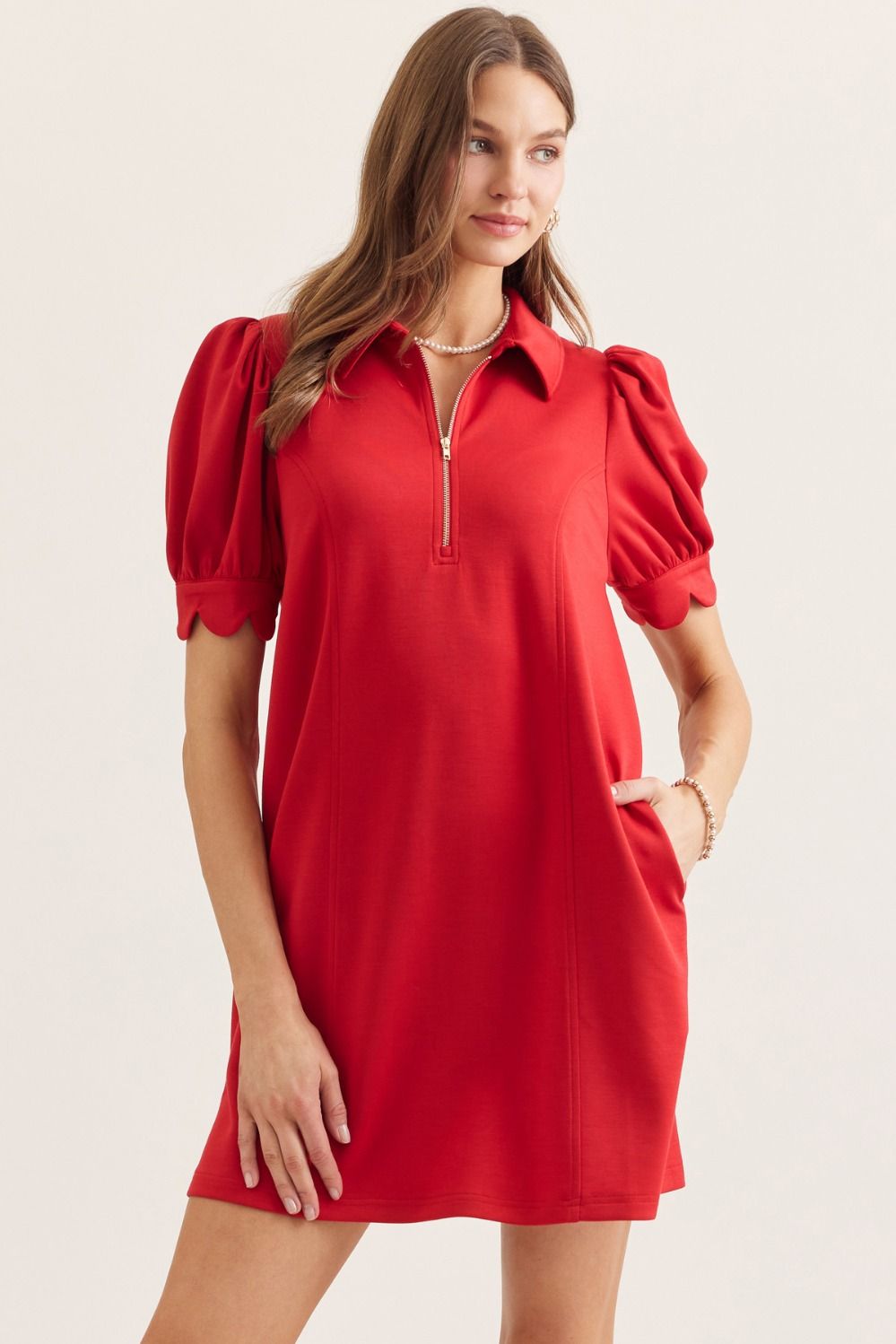 Red Dress Half Zip Midi Dress
