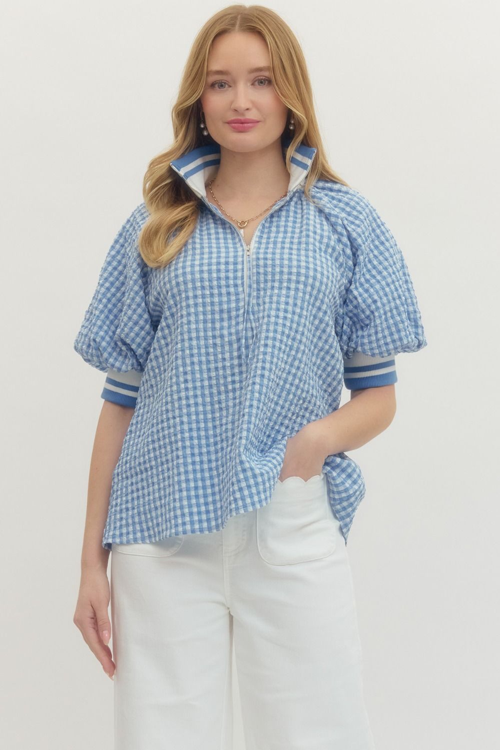 Blue Gingham puff sleeve top
