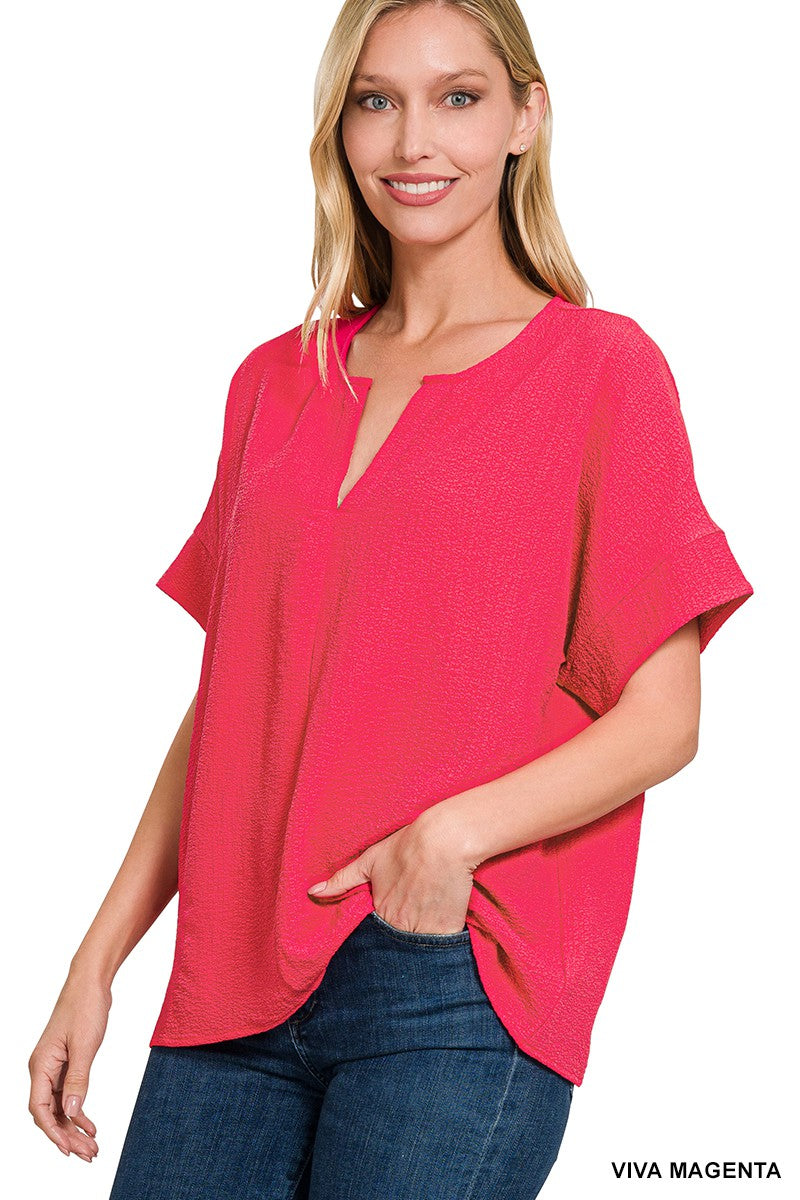 Woven Bubble Airflow Split Neck Top